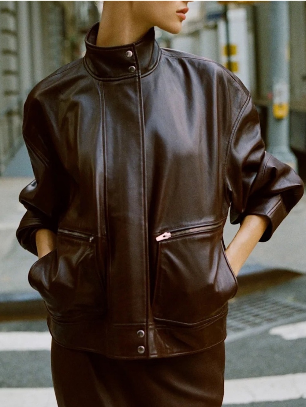 Reformation Veda Harrison Leather Oversized Bomber Cocoa